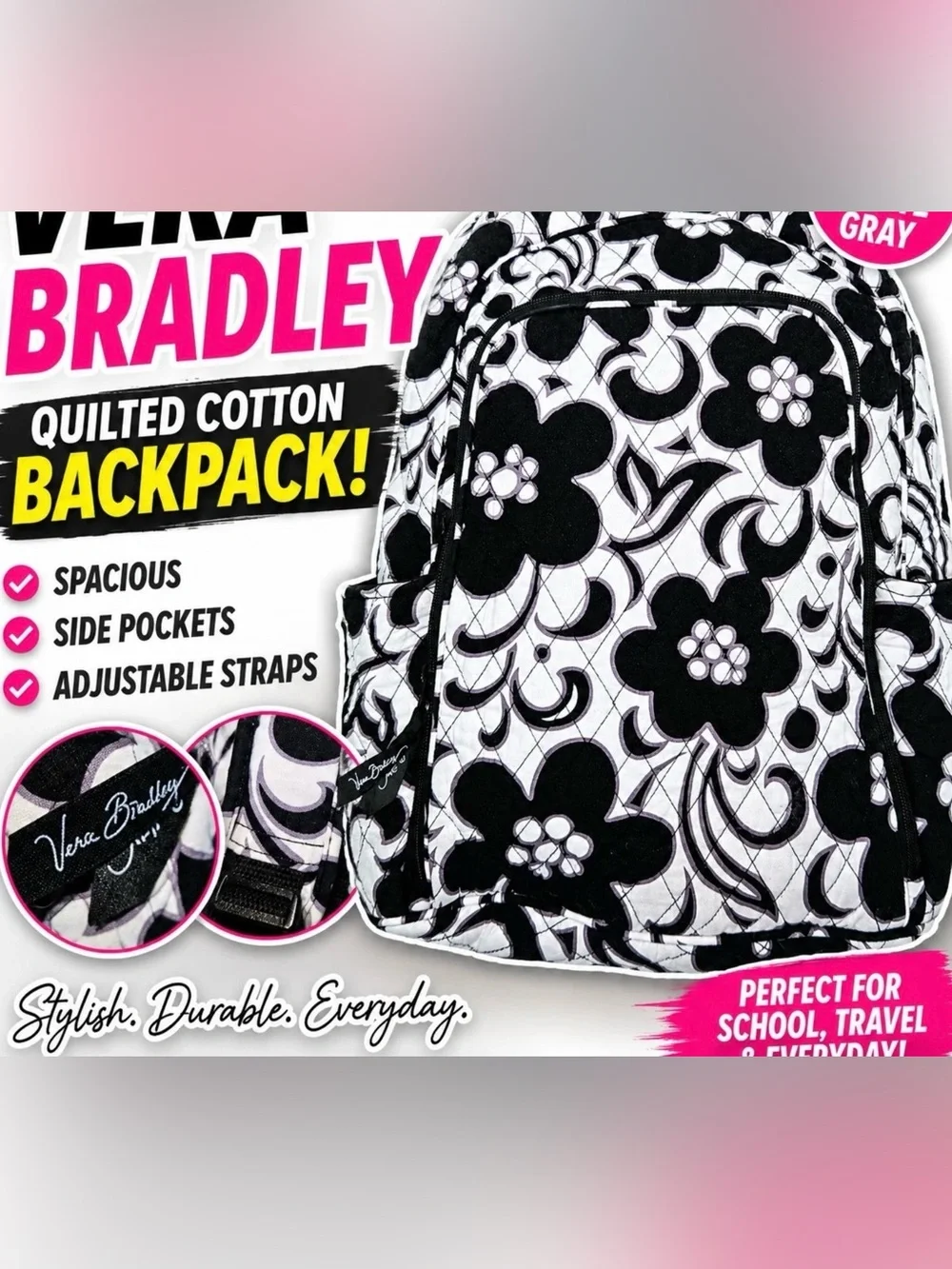 Vera Bradley Black & White Floral Quilted Backpack